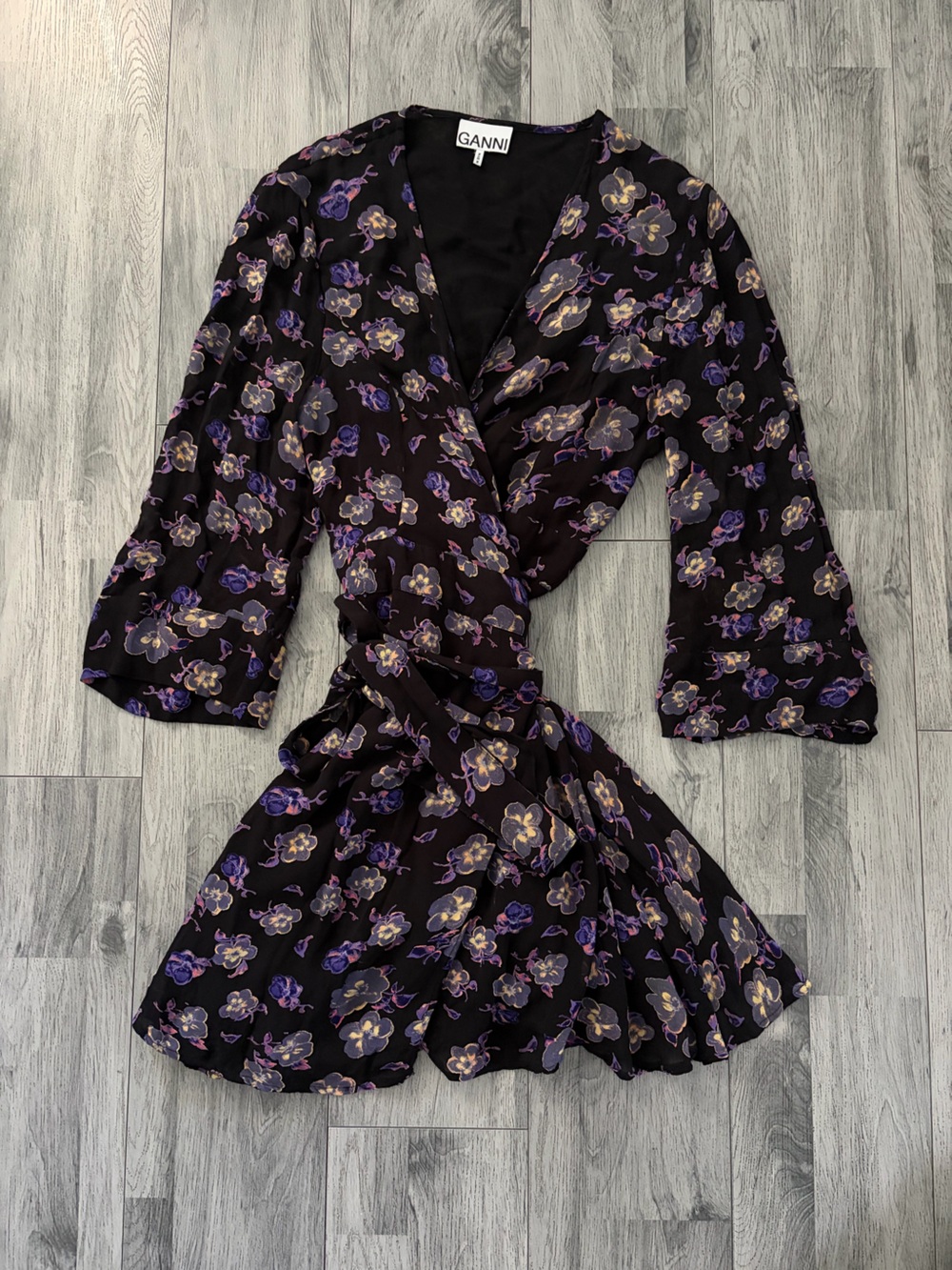 Ganni Georgette Black Floral Wrap Blouse with Purple & Cream Blooms